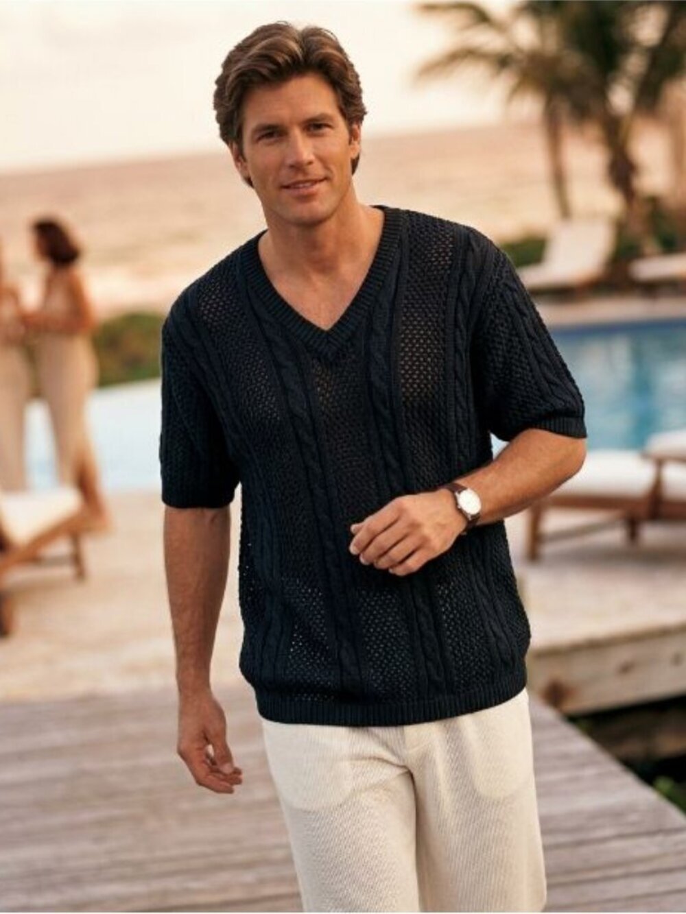International Male M Sweater Black Cotton Cable Knit Archival Rare Y2K V-Neck